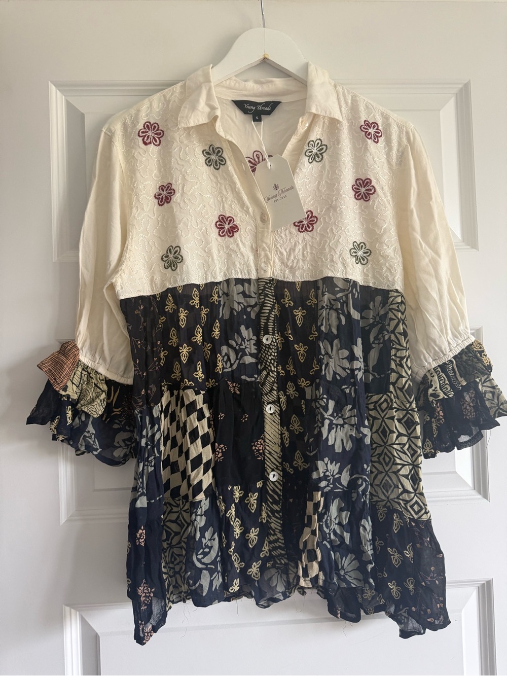 Young Threads Boho Patchwork Embroidered Ruffle Top – NWT - Picture 10 of 13
